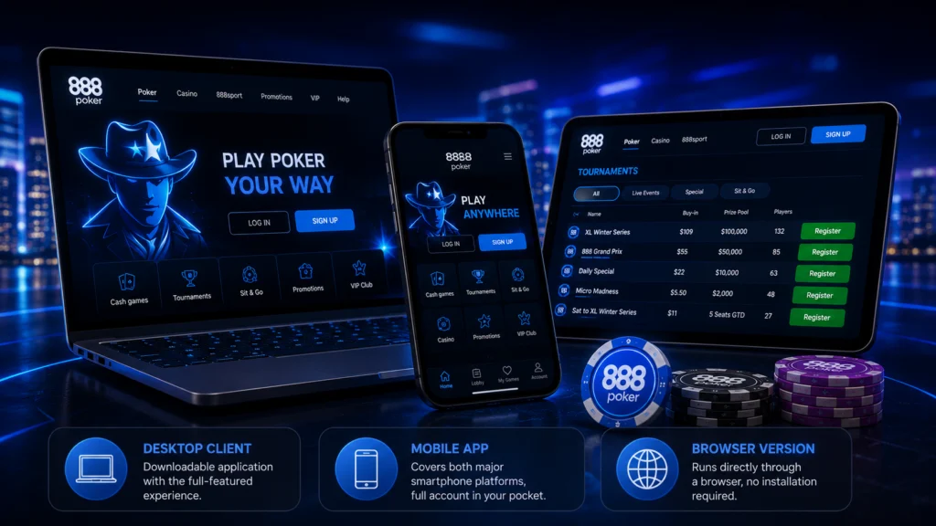 888 Poker Canada on desktop mobile and browser